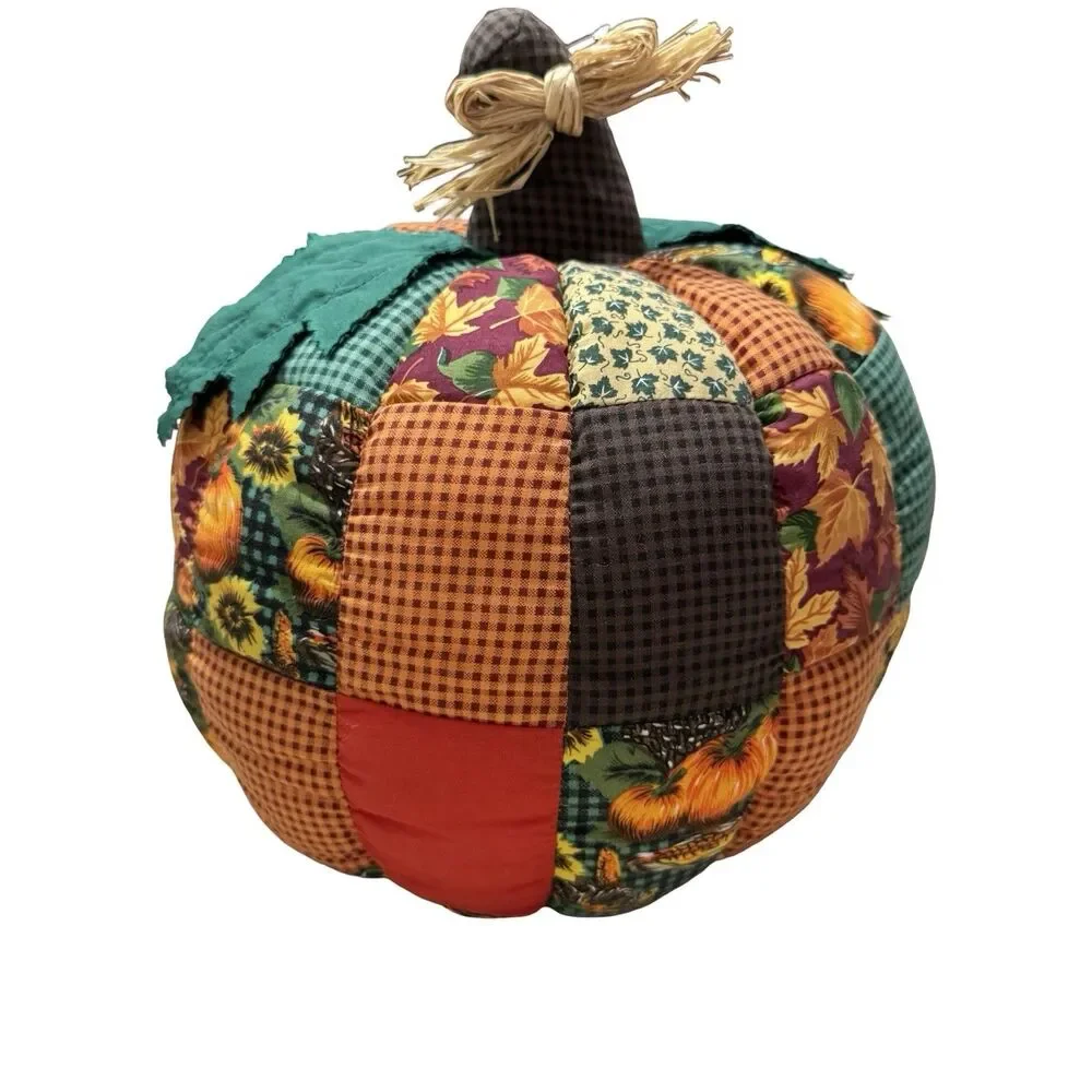 MTY International Co Ltd Large Fabric Patchwork Pumpkin 12” Fall Halloween Decor